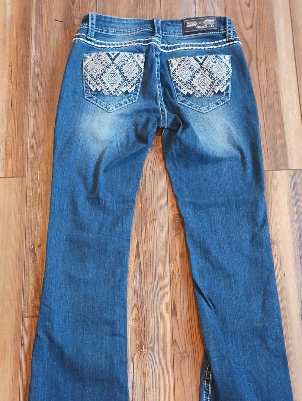 Grace In La Women's Blue Embroidered Pocket Jeans Boot Cut Size 27